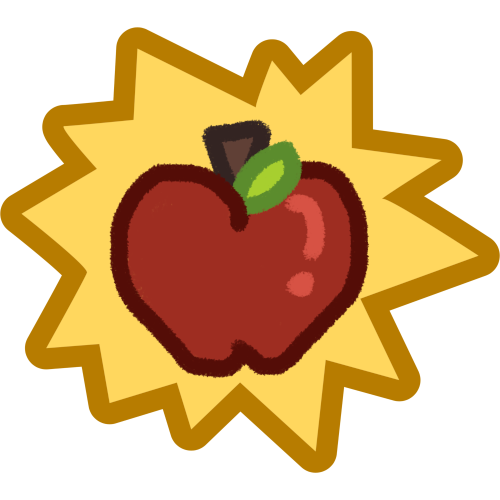 a yellow explosive shape with an apple inside it